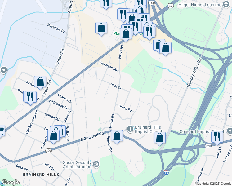 map of restaurants, bars, coffee shops, grocery stores, and more near 1333 Vance Road in Chattanooga