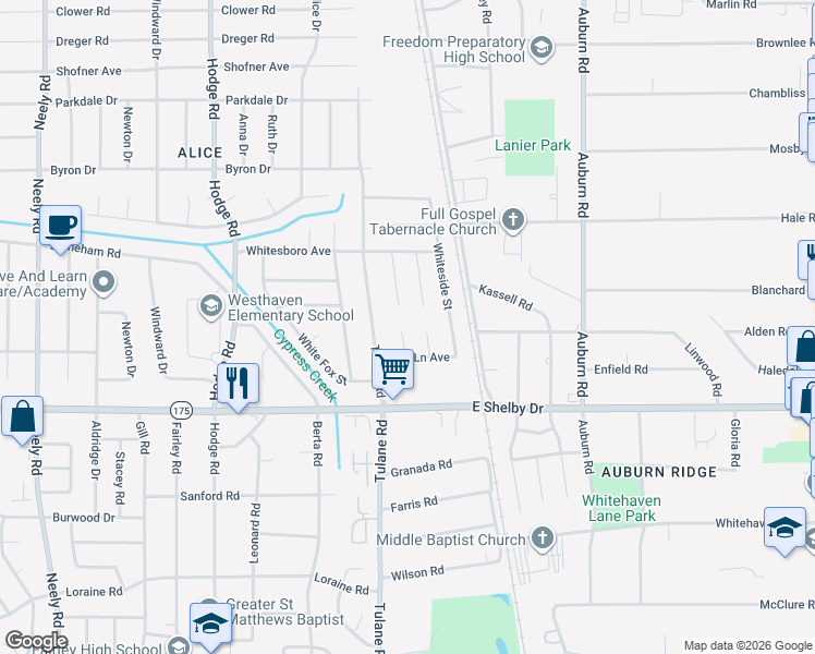 map of restaurants, bars, coffee shops, grocery stores, and more near 4594 Shell Lane Cove in Memphis