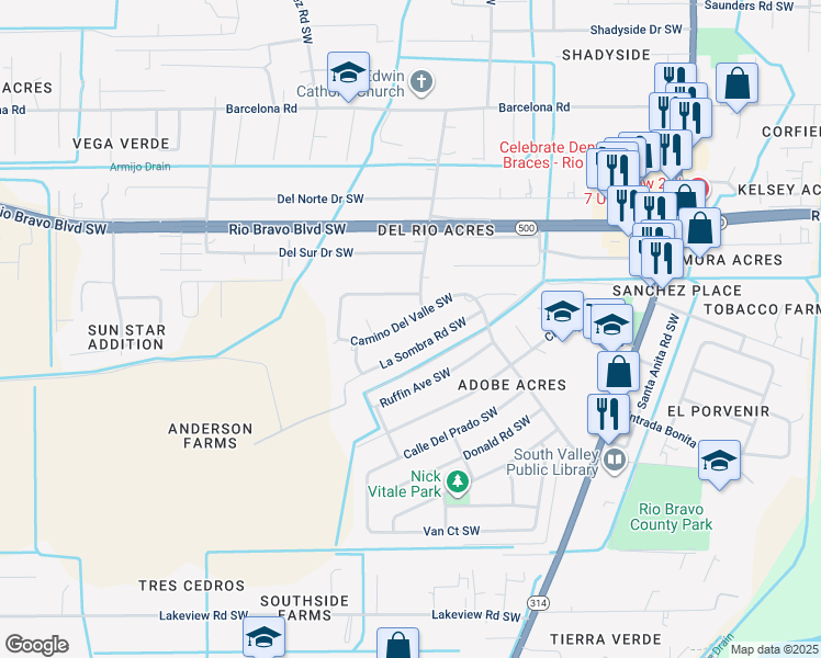 map of restaurants, bars, coffee shops, grocery stores, and more near 3940 Camino Del Valle Southwest in Albuquerque