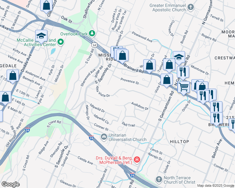 map of restaurants, bars, coffee shops, grocery stores, and more near 3404 Alta Vista Drive in Chattanooga