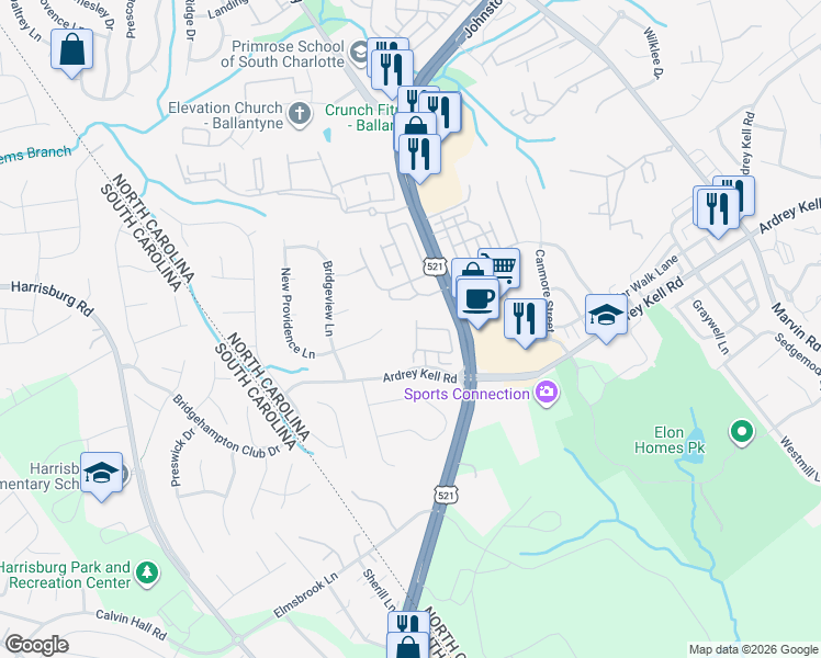 map of restaurants, bars, coffee shops, grocery stores, and more near 16826 Hamptons Landing Road in Charlotte