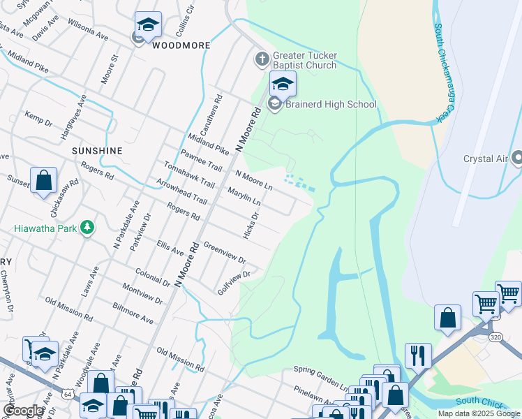map of restaurants, bars, coffee shops, grocery stores, and more near 908a Hicks Drive in Chattanooga