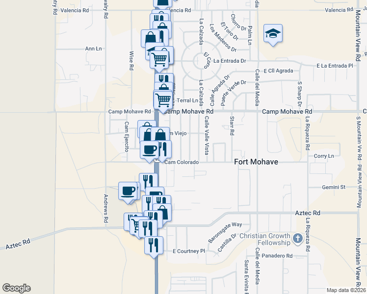 map of restaurants, bars, coffee shops, grocery stores, and more near 4584 Calle Ranchita in Fort Mohave