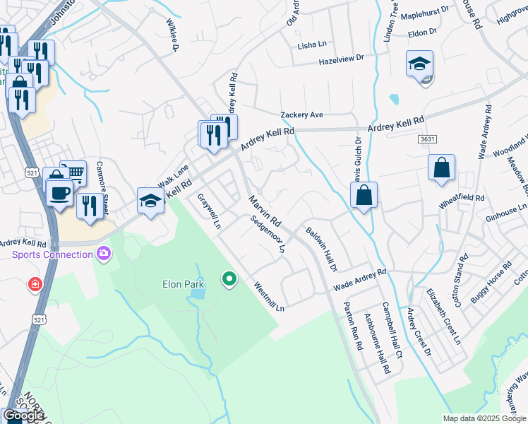 map of restaurants, bars, coffee shops, grocery stores, and more near Marvin Road in Charlotte
