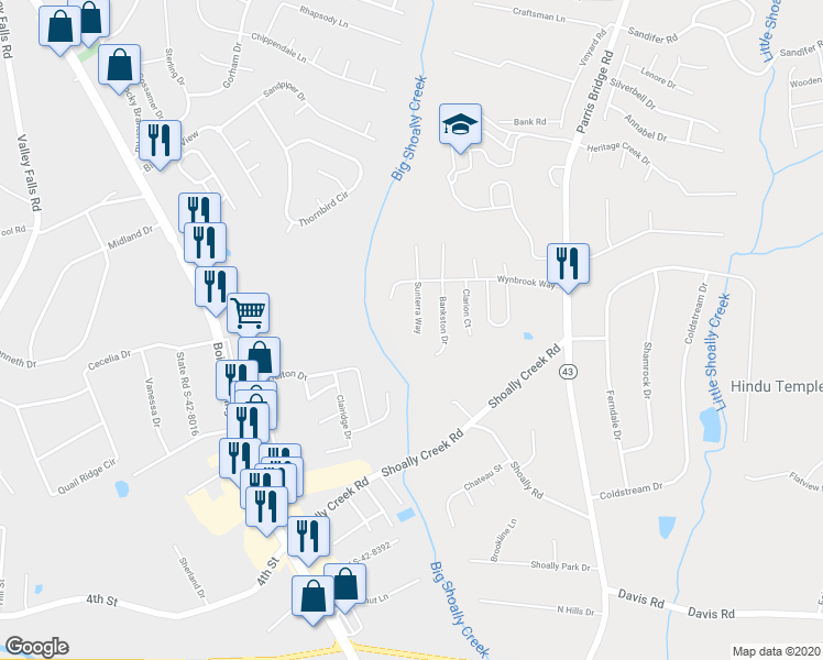 map of restaurants, bars, coffee shops, grocery stores, and more near 936 Sunterra Way in Boiling Springs