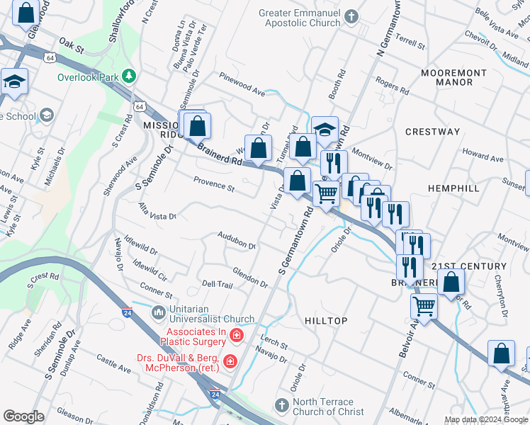 map of restaurants, bars, coffee shops, grocery stores, and more near 35 Vista Drive in Chattanooga