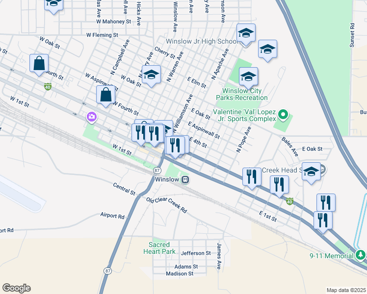 map of restaurants, bars, coffee shops, grocery stores, and more near 308 North Apache Avenue in Winslow