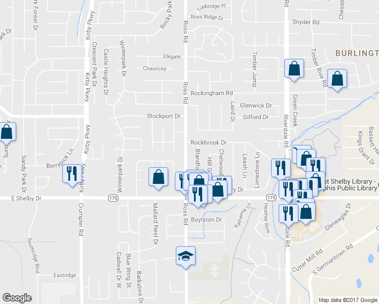 map of restaurants, bars, coffee shops, grocery stores, and more near 4574 Ross Road in Memphis