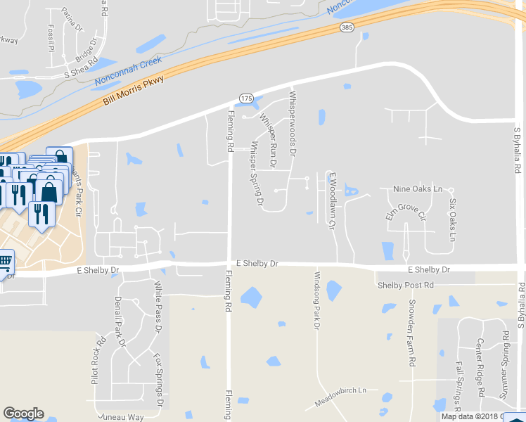 map of restaurants, bars, coffee shops, grocery stores, and more near 4585 Whisper Spring Drive in Collierville
