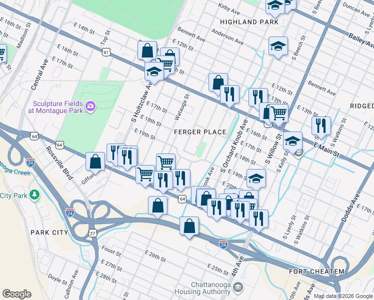 map of restaurants, bars, coffee shops, grocery stores, and more near 226 Eveningside Drive in Chattanooga