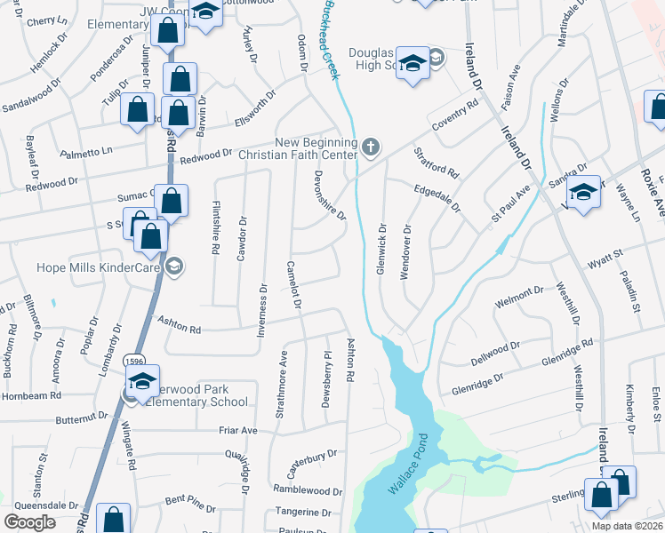 map of restaurants, bars, coffee shops, grocery stores, and more near 4643 Cheltenham Road in Fayetteville
