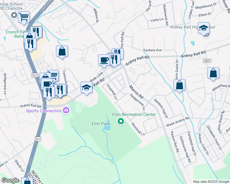 map of restaurants, bars, coffee shops, grocery stores, and more near 9416 Graywell Lane in Charlotte