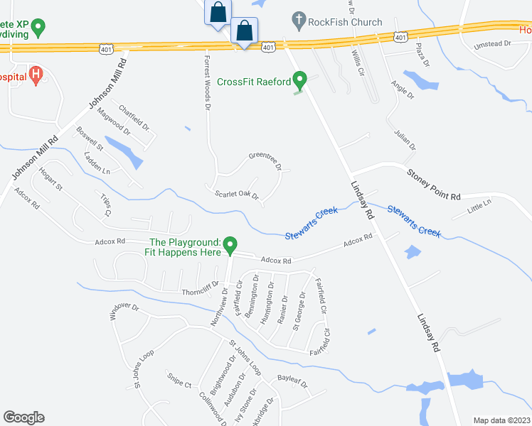 map of restaurants, bars, coffee shops, grocery stores, and more near 229 Scarlet Oak Drive in Raeford