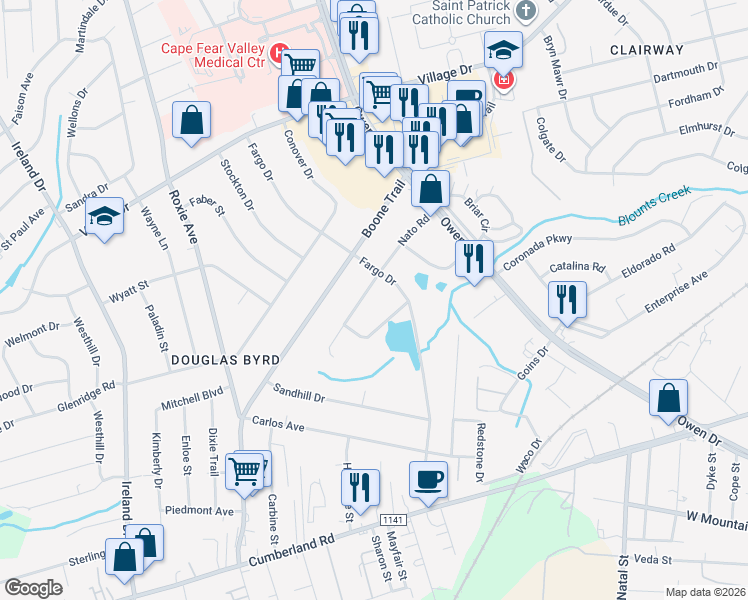 map of restaurants, bars, coffee shops, grocery stores, and more near 3315 Nato Road in Fayetteville