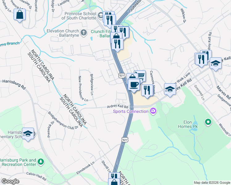 map of restaurants, bars, coffee shops, grocery stores, and more near 16826 Hamptons Landing Road in Charlotte