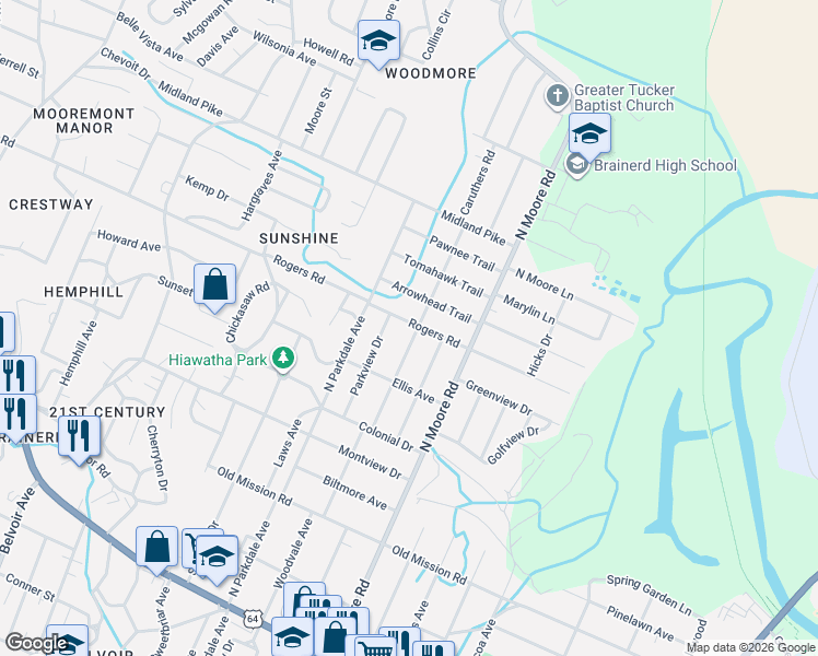 map of restaurants, bars, coffee shops, grocery stores, and more near 715 Woodvale Avenue in Chattanooga