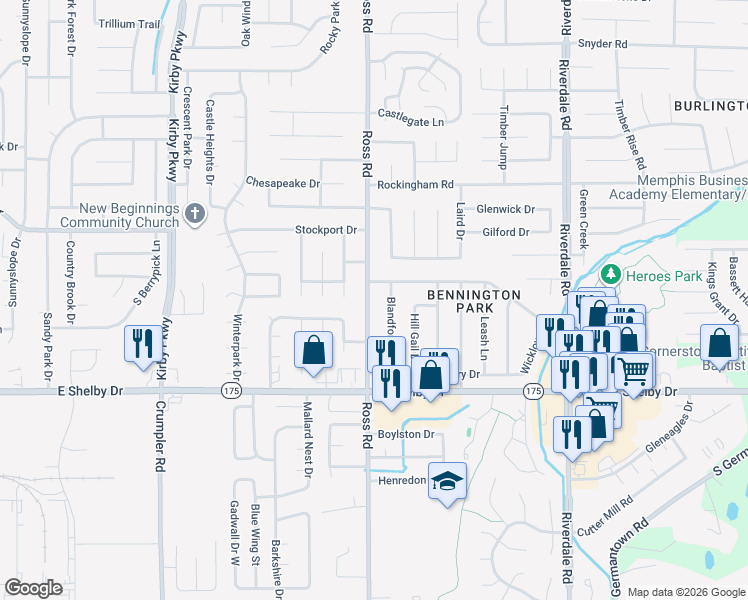 map of restaurants, bars, coffee shops, grocery stores, and more near 4574 Ross Road in Memphis