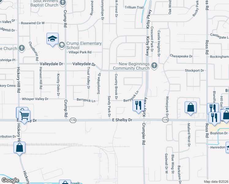 map of restaurants, bars, coffee shops, grocery stores, and more near 4579 Country Brook Drive in Memphis