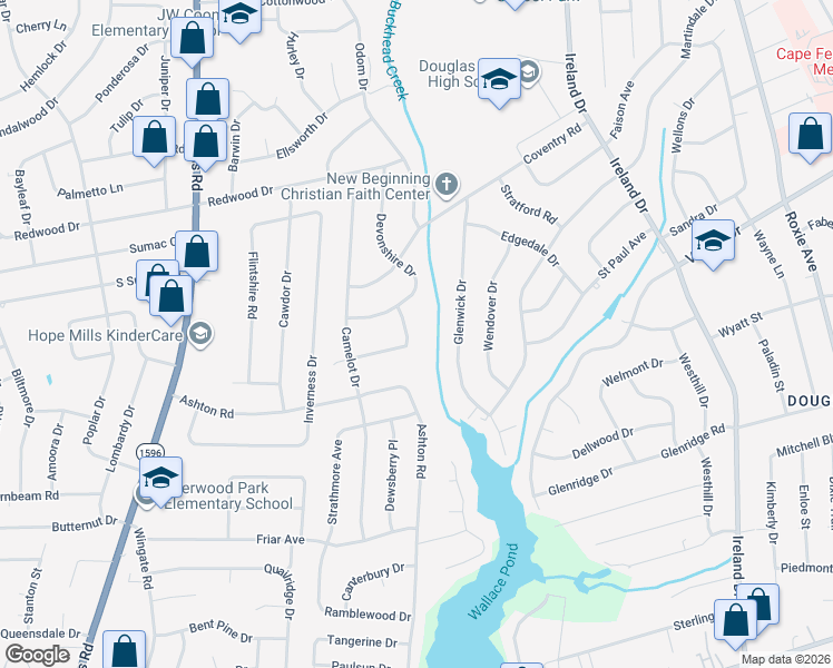 map of restaurants, bars, coffee shops, grocery stores, and more near 4643 Cheltenham Road in Fayetteville