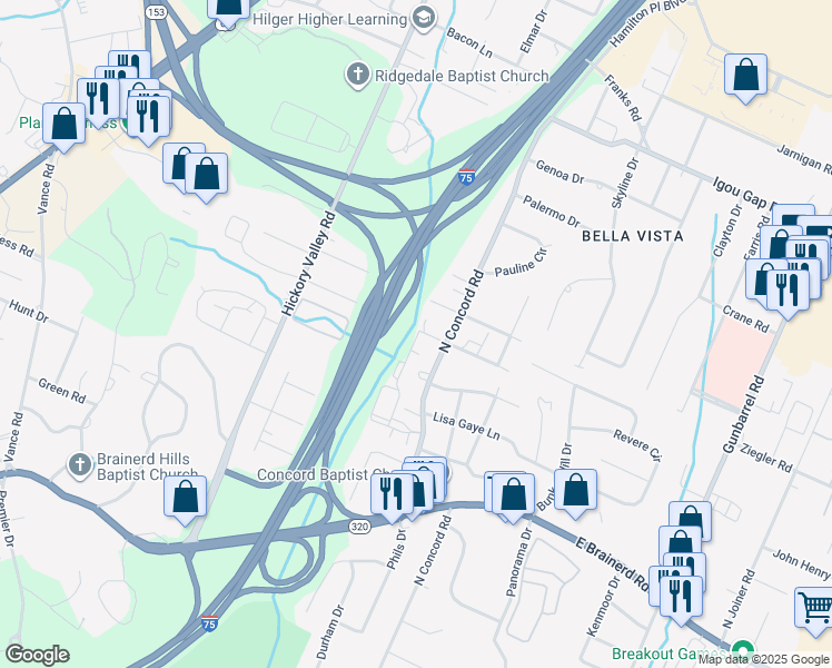 map of restaurants, bars, coffee shops, grocery stores, and more near 6910 Greenway Drive in Chattanooga