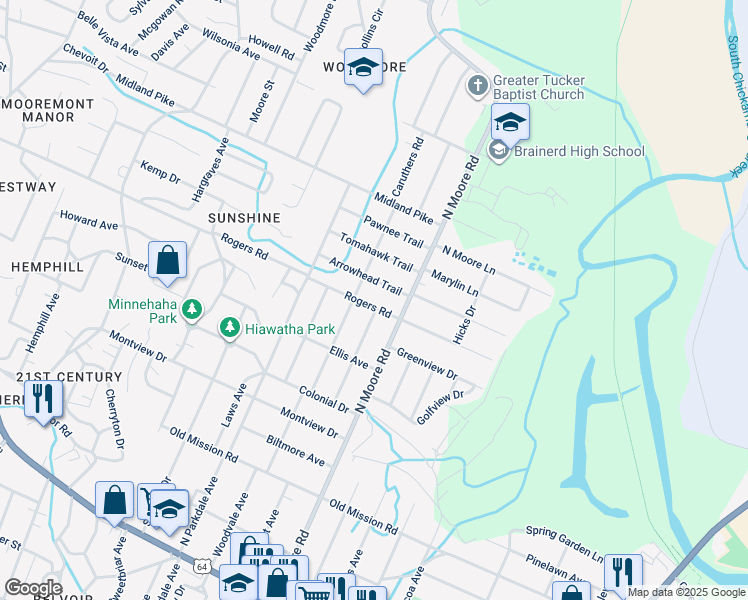 map of restaurants, bars, coffee shops, grocery stores, and more near 4805 Rogers Road in Chattanooga