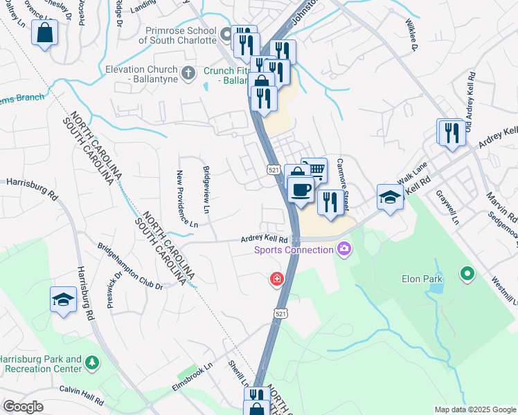 map of restaurants, bars, coffee shops, grocery stores, and more near 16812 Hamptons Landing Road in Charlotte