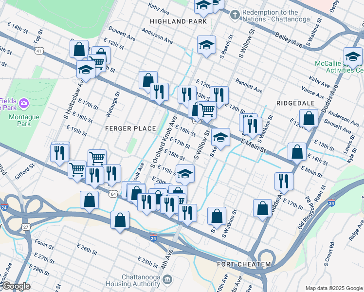 map of restaurants, bars, coffee shops, grocery stores, and more near 1701 Mulberry Street in Chattanooga