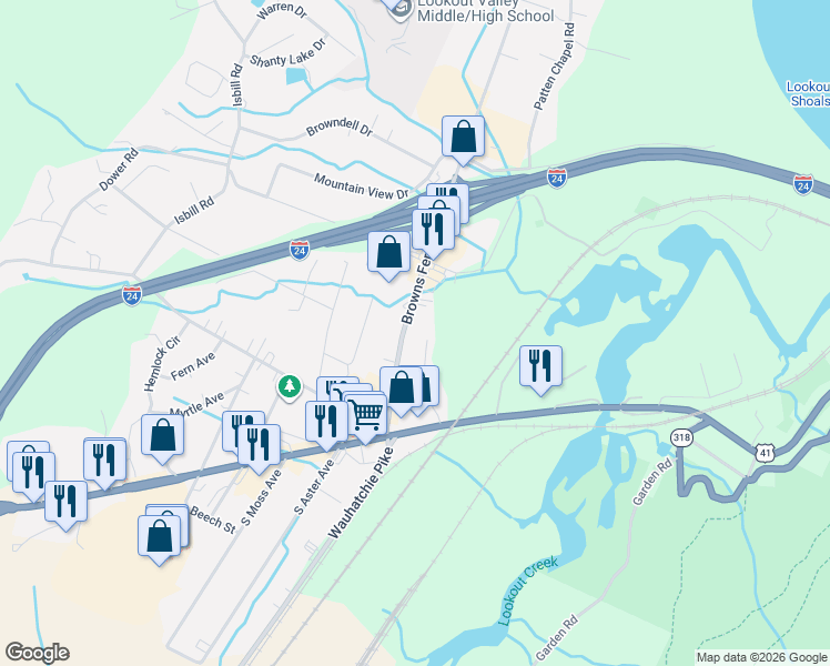 map of restaurants, bars, coffee shops, grocery stores, and more near 130 Browns Ferry Road in Chattanooga