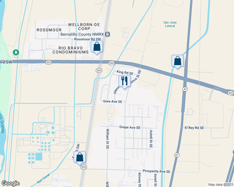 map of restaurants, bars, coffee shops, grocery stores, and more near 4020 Glenn Drive Southeast in Albuquerque