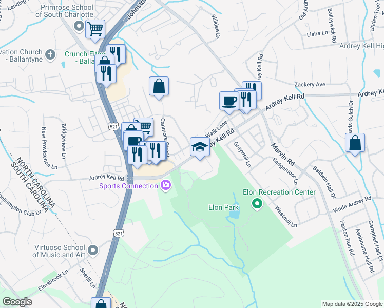 map of restaurants, bars, coffee shops, grocery stores, and more near 11338 Ardrey Kell Road in Charlotte