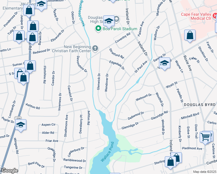 map of restaurants, bars, coffee shops, grocery stores, and more near 1911 Wendover Drive in Fayetteville