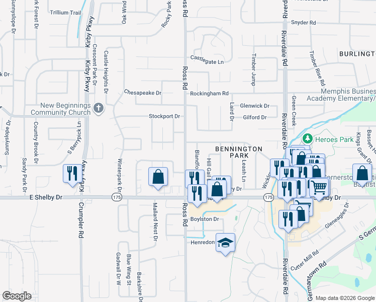 map of restaurants, bars, coffee shops, grocery stores, and more near 4574 Ross Road in Memphis