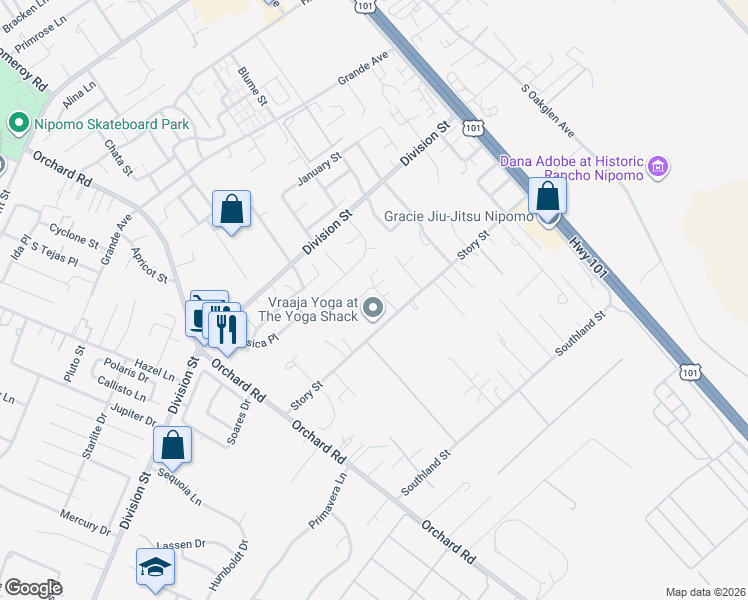 map of restaurants, bars, coffee shops, grocery stores, and more near 725 Monarch Lane in Nipomo