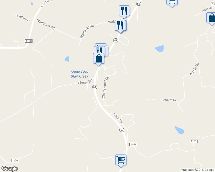 map of restaurants, bars, coffee shops, grocery stores, and more near 302 Cherrywood Circle in Hayesville