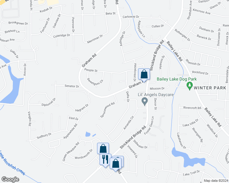 map of restaurants, bars, coffee shops, grocery stores, and more near 2611 Graham Road in Fayetteville