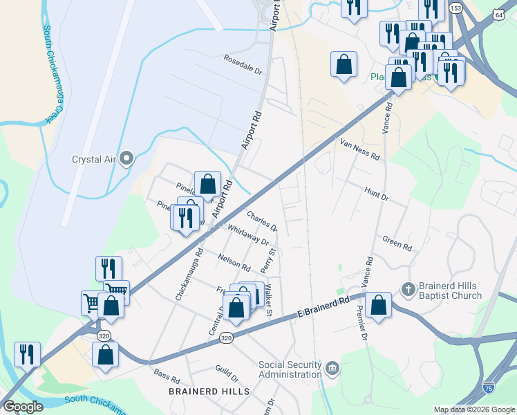 map of restaurants, bars, coffee shops, grocery stores, and more near 5922 Lee Highway in Chattanooga