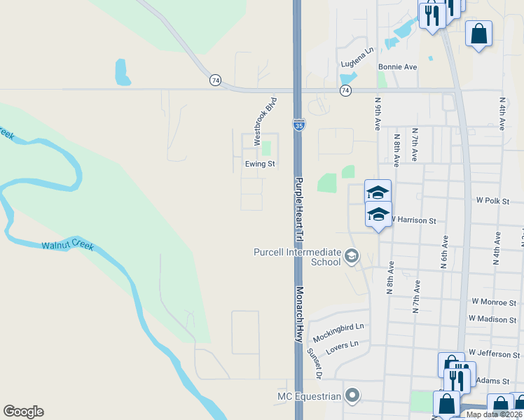 map of restaurants, bars, coffee shops, grocery stores, and more near 1112 Ewing Street in Purcell