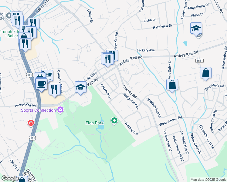 map of restaurants, bars, coffee shops, grocery stores, and more near Kettlewell Lane in Charlotte