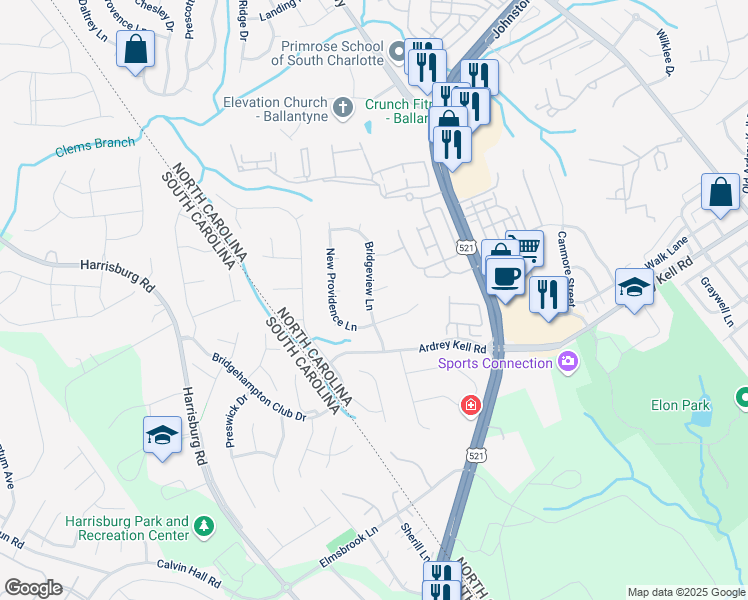 map of restaurants, bars, coffee shops, grocery stores, and more near 11824 Bridgeview Lane in Charlotte
