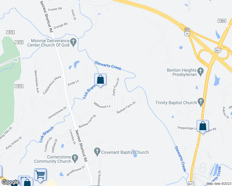 map of restaurants, bars, coffee shops, grocery stores, and more near 2928 Dairy Farm Drive in Monroe