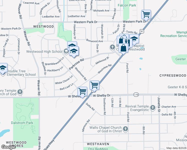 map of restaurants, bars, coffee shops, grocery stores, and more near 688 Westview Road in Memphis