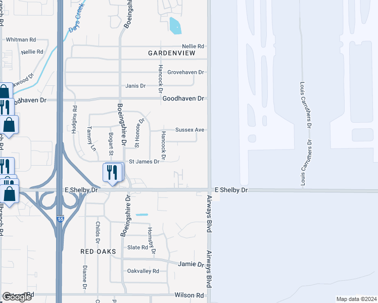 map of restaurants, bars, coffee shops, grocery stores, and more near 4571 Airways Boulevard in Memphis