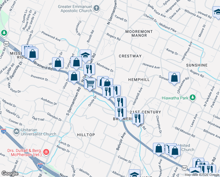 map of restaurants, bars, coffee shops, grocery stores, and more near 3801 Brainerd Rd in Chattanooga