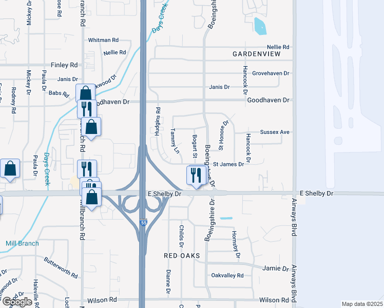 map of restaurants, bars, coffee shops, grocery stores, and more near 4585 Bogart Street in Memphis