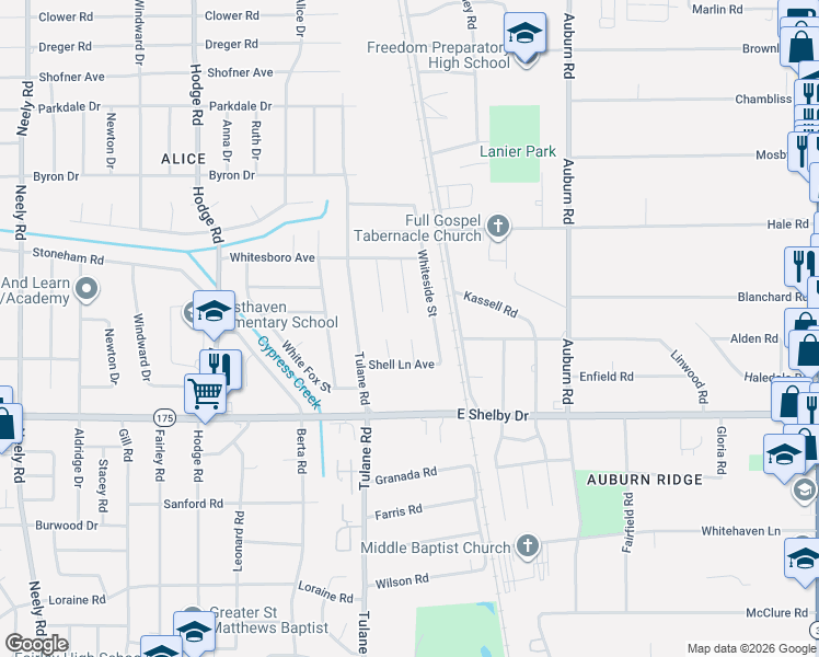 map of restaurants, bars, coffee shops, grocery stores, and more near 4594 Shell Lane Cove in Memphis