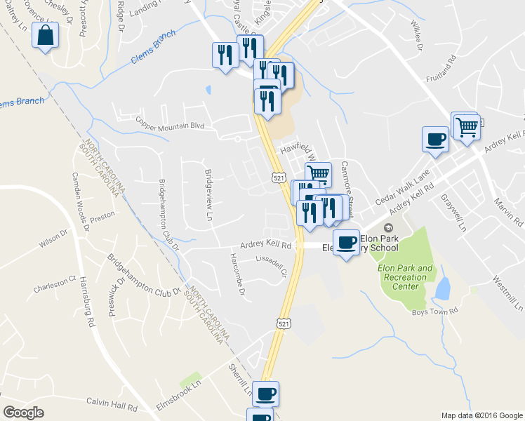 map of restaurants, bars, coffee shops, grocery stores, and more near 16812 Hamptons Landing Road in Charlotte