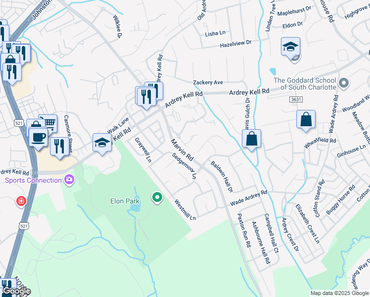 map of restaurants, bars, coffee shops, grocery stores, and more near 16956 Commons Creek Drive in Charlotte