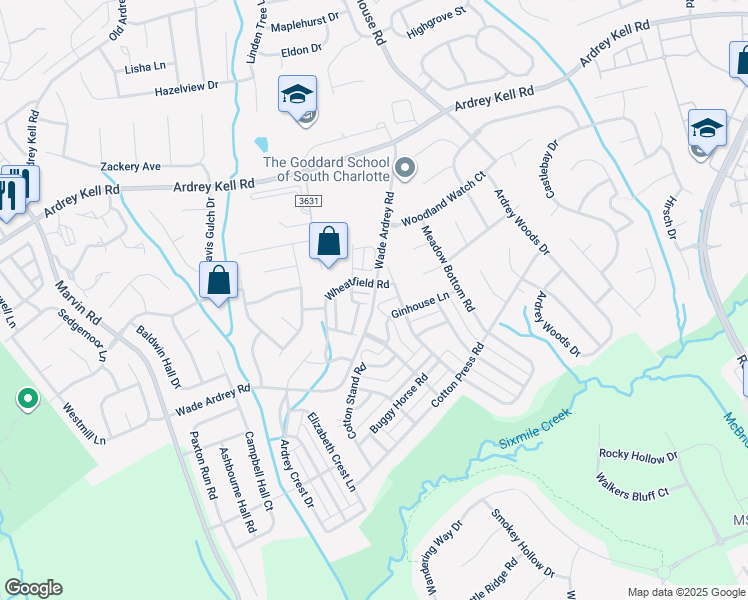 map of restaurants, bars, coffee shops, grocery stores, and more near Wade Ardrey Road in Charlotte