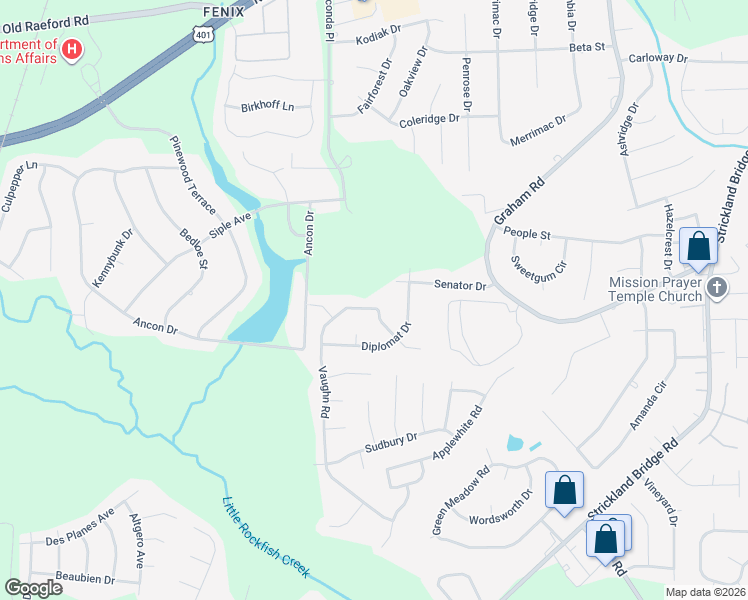 map of restaurants, bars, coffee shops, grocery stores, and more near 6613-6617 Vaughn Road in Fayetteville
