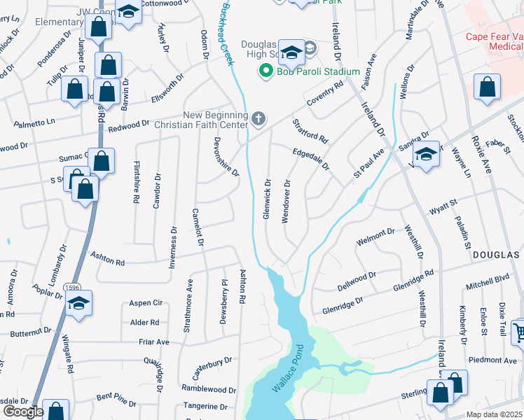 map of restaurants, bars, coffee shops, grocery stores, and more near 1918 Glenwick Drive in Fayetteville
